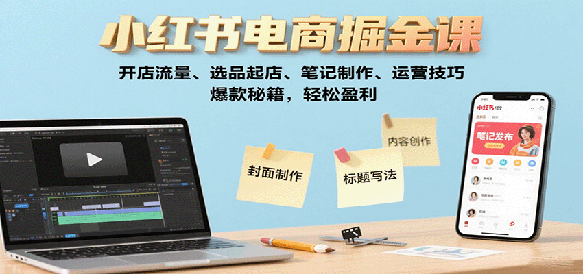 小红书电商掘金课：开店流量、选品起店、笔记制作、运营技巧，爆款秘籍，轻松盈利-知行阁轻创网-分享网络赚钱项目-全网首发副业项目实操平台-副业创业项目网