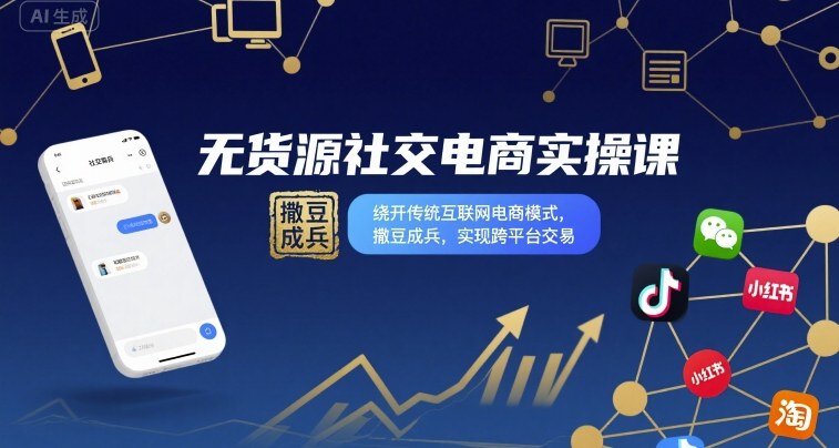 无货源社交电商实操课，绕开传统互联网电商模式，撒豆成兵，实现跨平台交易-知行阁轻创网-分享网络赚钱项目-全网首发副业项目实操平台-副业创业项目网