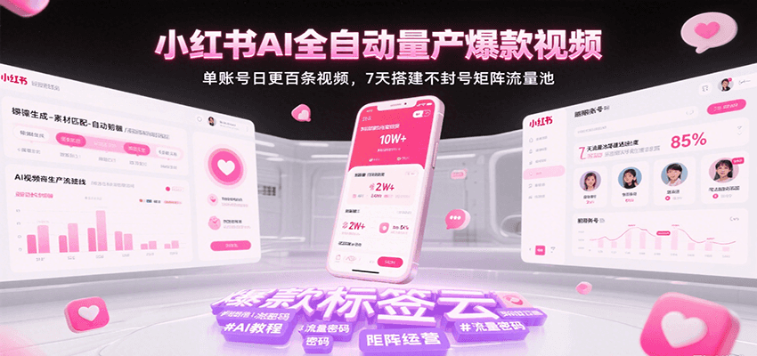 小红书AI全自动量产爆款视频，单账号日更百条视频，7天搭建不封号矩阵流量池（更新）-知行阁轻创网-分享网络赚钱项目-全网首发副业项目实操平台-副业创业项目网