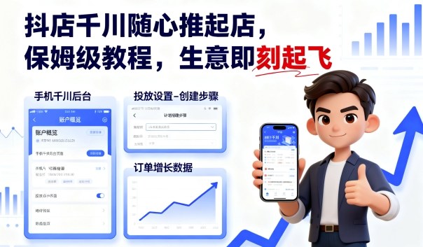 抖店千川随心推起店，保姆级教程，生意即刻起飞-知行阁轻创网-分享网络赚钱项目-全网首发副业项目实操平台-副业创业项目网