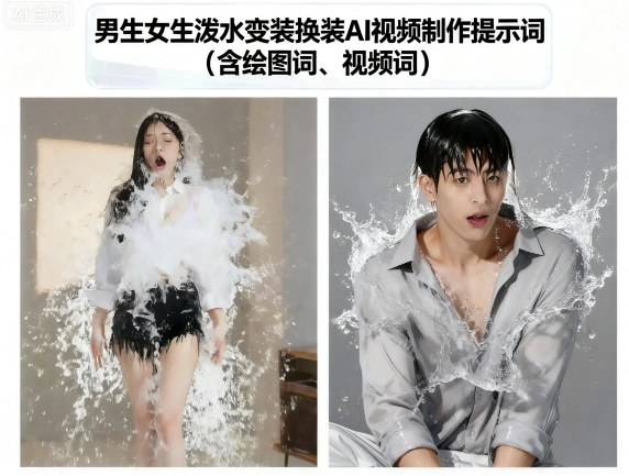 男生女生泼水变装换装AI视频制作提示词(含绘图词、视频词)-知行阁轻创网-分享网络赚钱项目-全网首发副业项目实操平台-副业创业项目网
