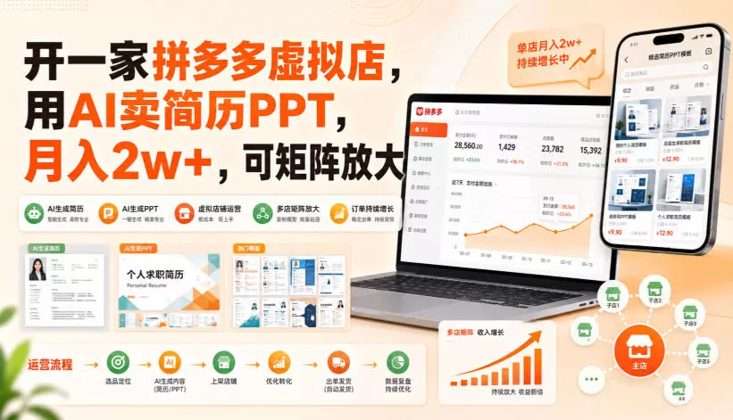 开一家拼多多虚拟店，用AI卖简历PPT，月入2w+，可矩阵放大【揭秘】-知行阁轻创网-分享网络赚钱项目-全网首发副业项目实操平台-副业创业项目网