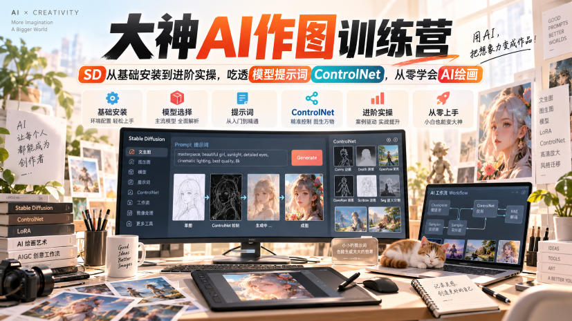 大神AI作图训练营，SD从基础安装到进阶实操，吃透模型提示词ControlNet，从零学会AI绘画-知行阁轻创网-分享网络赚钱项目-全网首发副业项目实操平台-副业创业项目网
