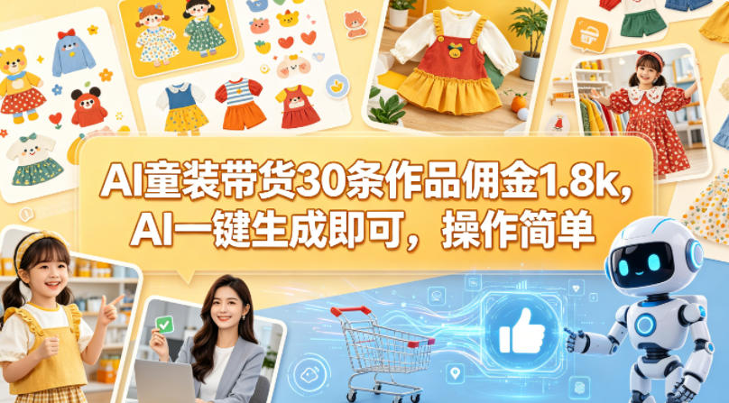 AI童装带货30条作品佣金1.8k，AI一键生成即可，操作简单-知行阁轻创网-分享网络赚钱项目-全网首发副业项目实操平台-副业创业项目网