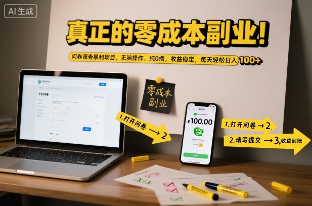 真正的零成本副业！问卷调查暴利项目，无脑操作，纯0撸，收益稳定，每天轻松日入100+【揭秘】-知行阁轻创网-分享网络赚钱项目-全网首发副业项目实操平台-副业创业项目网
