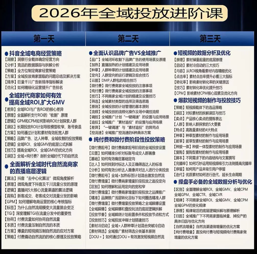 千川扫地僧2026抖音全域投放进阶课，少走弯路·快速起量·掌控增长，6月12-14号杭州线下课(更新)-知行阁轻创网-分享网络赚钱项目-全网首发副业项目实操平台-副业创业项目网