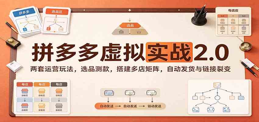 拼多多虚拟实战2.0：两套运营玩法，选品测款，搭建多店矩阵，自动发货与链接裂变-知行阁轻创网-分享网络赚钱项目-全网首发副业项目实操平台-副业创业项目网