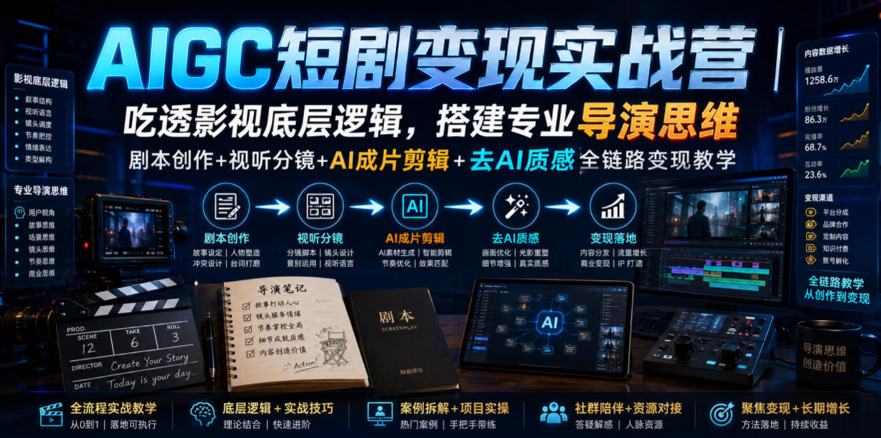 AIGC短剧变现实战营｜吃透影视底层逻辑，搭建专业导演思维，剧本创作+视听分镜+AI成片剪辑+去AI质感全链路变现教学-知行阁轻创网-分享网络赚钱项目-全网首发副业项目实操平台-副业创业项目网