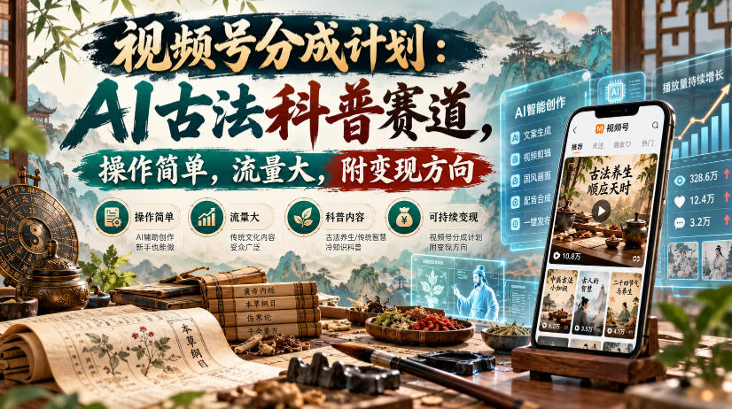 视频号分成计划：AI古法科普赛道，操作简单，流量大，附变现方向-知行阁轻创网-分享网络赚钱项目-全网首发副业项目实操平台-副业创业项目网