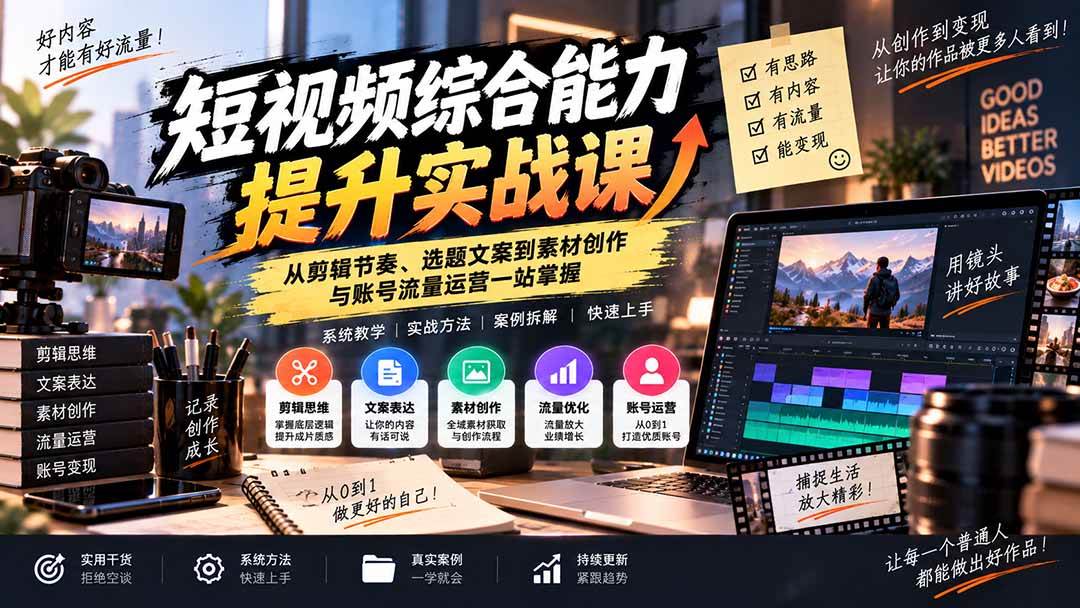 (20599期)短视频综合能力提升实战课:从剪辑节奏、选题文案到素材创作与账号流量运营一站掌握-知行阁轻创网-分享网络赚钱项目-全网首发副业项目实操平台-副业创业项目网