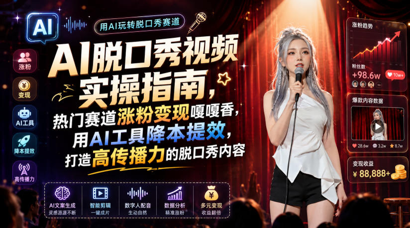 AI脱口秀视频实操指南，热门赛道涨粉变现嘎嘎香，用AI工具降本提效，打造高传播力的脱口秀内容-知行阁轻创网-分享网络赚钱项目-全网首发副业项目实操平台-副业创业项目网