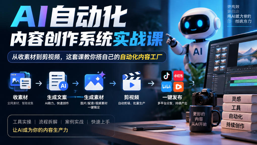 AI自动化内容创作系统实战课，从收素材到剪视频，这套课教你搭自己的自动化内容工厂-知行阁轻创网-分享网络赚钱项目-全网首发副业项目实操平台-副业创业项目网