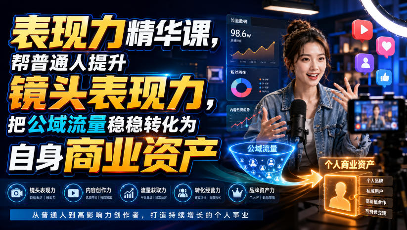 表现力精华课，帮普通人提升镜头表现力，把公域流量稳稳转化为自身商业资产-知行阁轻创网-分享网络赚钱项目-全网首发副业项目实操平台-副业创业项目网
