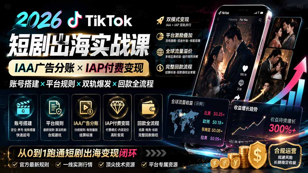2026TikTok短剧出海实战课:IAA广告分账×IAP付费变现×账号搭建×平台规则×双轨爆发×回款全流程-知行阁轻创网-分享网络赚钱项目-全网首发副业项目实操平台-副业创业项目网