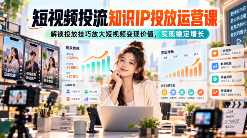 短视频投流知识IP投放运营课，解锁投放技巧放大短视频变现价值，实现稳定增长-知行阁轻创网-分享网络赚钱项目-全网首发副业项目实操平台-副业创业项目网