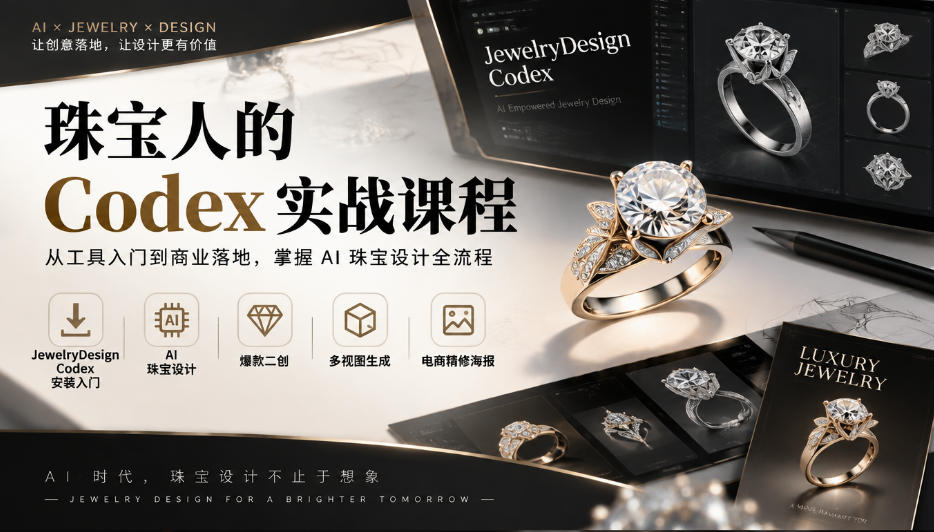 珠宝人的Codex实战课程｜JewelryDesign Codex安装入门、AI珠宝设计、爆款二创、多视图生成、电商精修海报全链路教学-知行阁轻创网-分享网络赚钱项目-全网首发副业项目实操平台-副业创业项目网