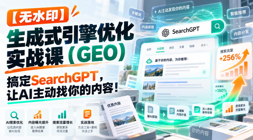 【无水印】生成式引擎优化(GEO)实战课:搞定SearchGPT,让AI主动找你的内容!【原创双语字幕】-知行阁轻创网-分享网络赚钱项目-全网首发副业项目实操平台-副业创业项目网