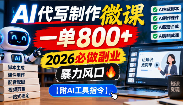 AI代写制作微课，一单800+，2026必做副业，暴力风口【附AI工具指令】【揭秘】-知行阁轻创网-分享网络赚钱项目-全网首发副业项目实操平台-副业创业项目网