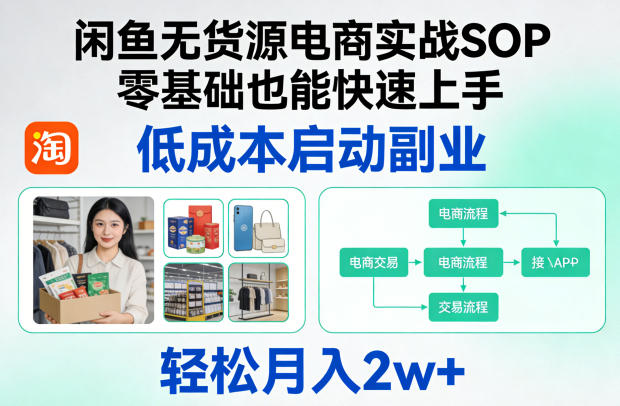 闲鱼无货源电商实战SOP，零基础也能快速上手，低成本启动副业，轻松月入2w+-知行阁轻创网-分享网络赚钱项目-全网首发副业项目实操平台-副业创业项目网