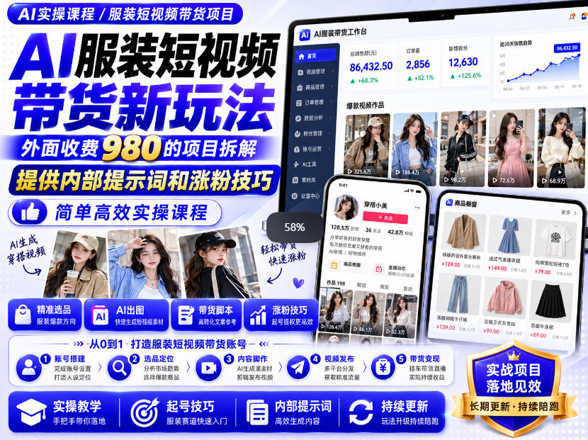 外面收费980AI快手带货系统课程，内部课程首次外放，操作简单高效，一分钟一条爆款视频-知行阁轻创网-分享网络赚钱项目-全网首发副业项目实操平台-副业创业项目网
