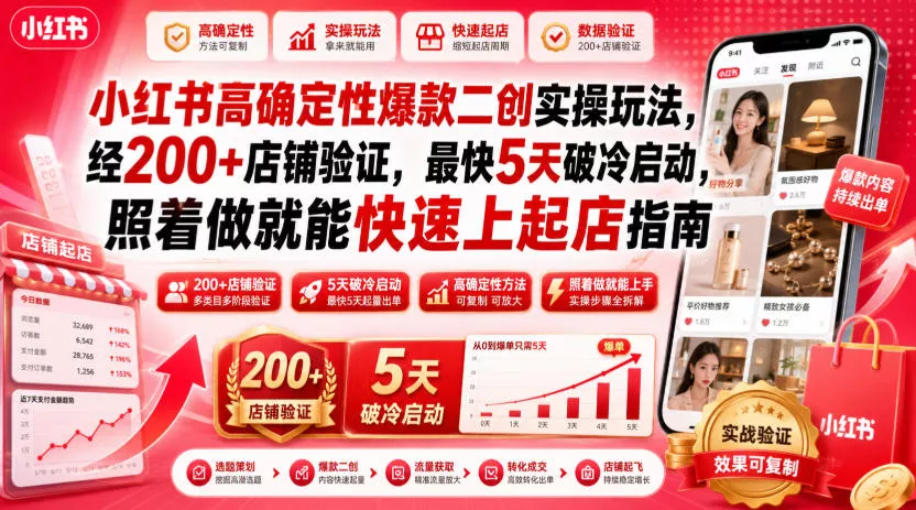 小红书高确定性爆款二创实操玩法,经200+店铺验证,最快5天破冷启动,照着做就能快速上起店指南-知行阁轻创网-分享网络赚钱项目-全网首发副业项目实操平台-副业创业项目网
