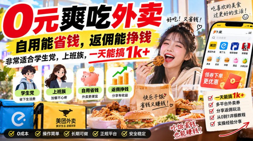 0元爽吃外卖，自用能省钱，返佣能挣钱，非常适合学生党，上班族，一天能搞1k+-知行阁轻创网-分享网络赚钱项目-全网首发副业项目实操平台-副业创业项目网