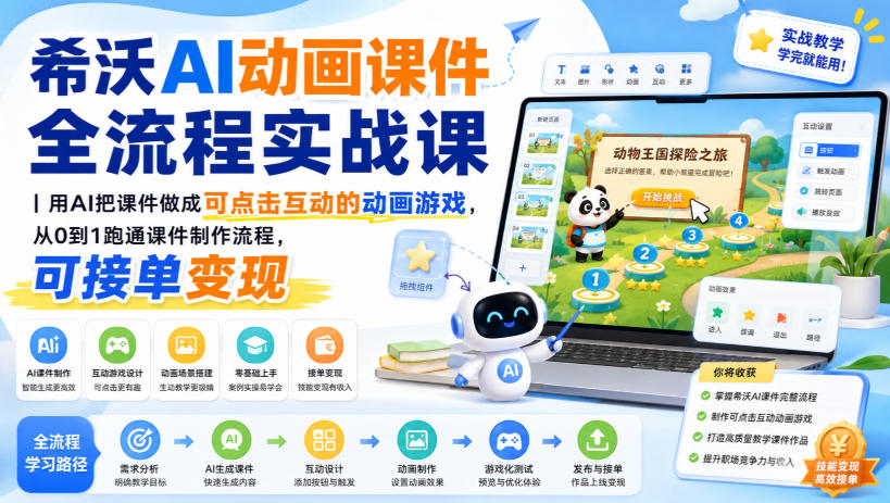 希沃AI动画课件全流程实战课｜用AI把课件做成可点击互动的动画游戏，从0到1跑通课件制作流程，可接单变现-知行阁轻创网-分享网络赚钱项目-全网首发副业项目实操平台-副业创业项目网