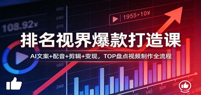 排名视界爆款打造课:AI文案+配音+剪辑+变现,TOP盘点视频制作全流程-知行阁轻创网-分享网络赚钱项目-全网首发副业项目实操平台-副业创业项目网