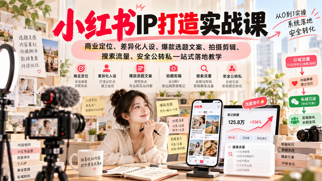 小红书ip打造实战课，商业定位、差异化人设、爆款选题文案、拍摄剪辑、搜索流量、安全公转私一站式落地教学-知行阁轻创网-分享网络赚钱项目-全网首发副业项目实操平台-副业创业项目网