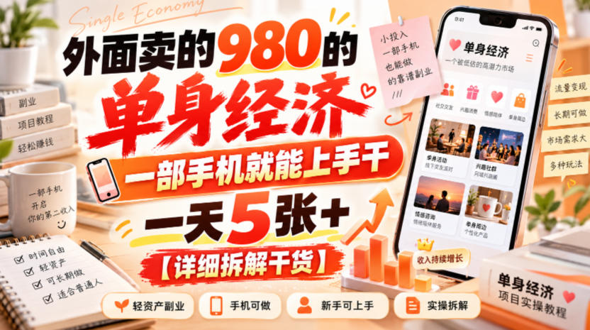 外面卖的980的单身经济，一部手机就能上手干，一天5张+【详细拆解干货】-知行阁轻创网-分享网络赚钱项目-全网首发副业项目实操平台-副业创业项目网