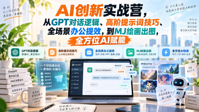 AI创新实战营，从GPT对话逻辑、高阶提示词技巧、全场景办公提效，到MJ绘画出图，全方位AI赋能-知行阁轻创网-分享网络赚钱项目-全网首发副业项目实操平台-副业创业项目网