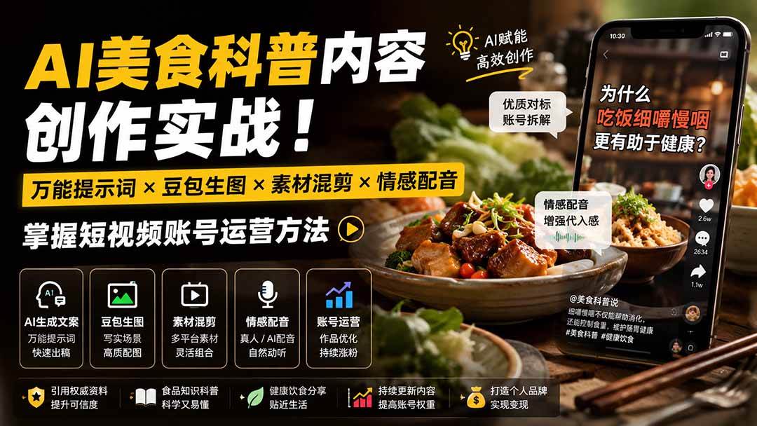 （19730期）外面卖199元-AI美食科普内容创作实战！万能提示词×豆包生图×素材混剪×情感配音，掌握短视频账号运营方法-知行阁轻创网-分享网络赚钱项目-全网首发副业项目实操平台-副业创业项目网