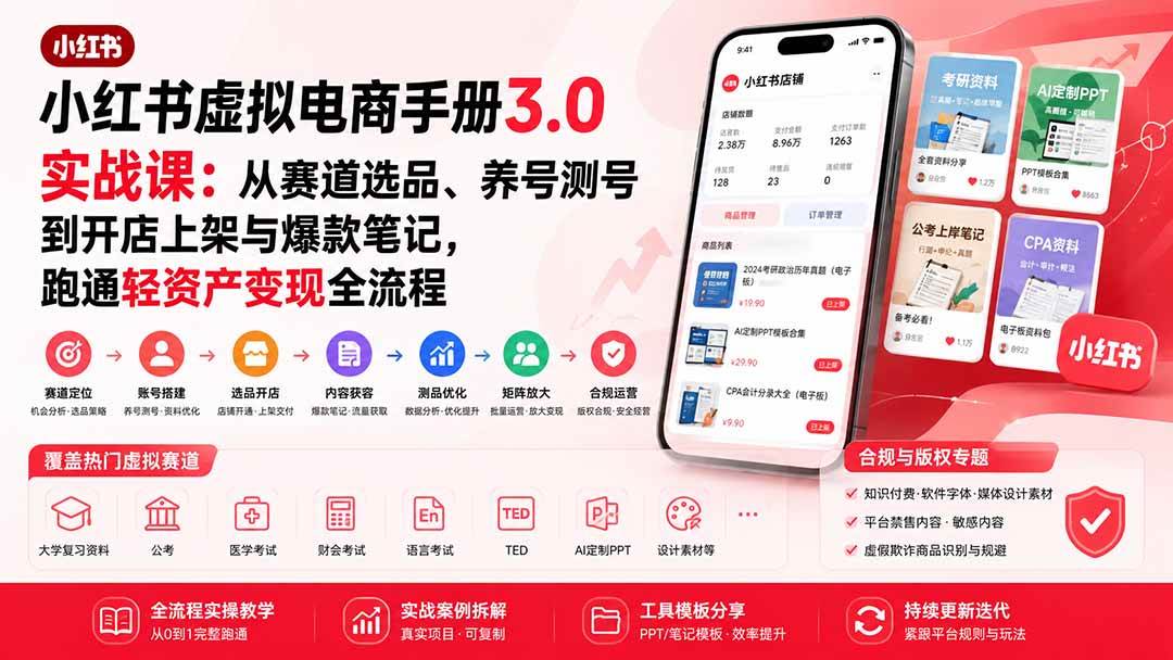 (20054期)小红书虚拟电商手册3.0实战课:从赛道选品、养号测号到开店上架与爆款笔记,跑通轻资产变现全流程-知行阁轻创网-分享网络赚钱项目-全网首发副业项目实操平台-副业创业项目网