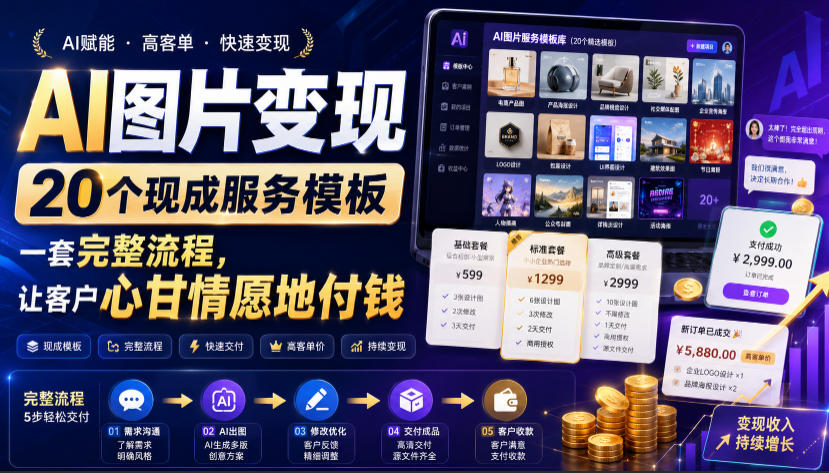 AI图片变现，20个现成服务模板，一套完整流程，让客户心甘情愿地付钱【原创双语字幕】-知行阁轻创网-分享网络赚钱项目-全网首发副业项目实操平台-副业创业项目网