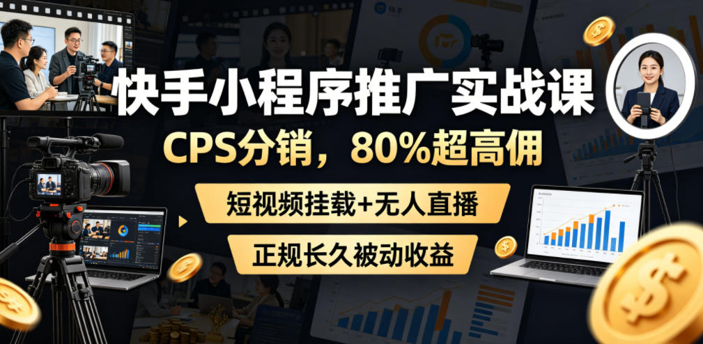 快手小程序推广实战课,CPS分销,80%超高佣,短视频挂载+无人直播,正规长久被动收益-知行阁轻创网-分享网络赚钱项目-全网首发副业项目实操平台-副业创业项目网