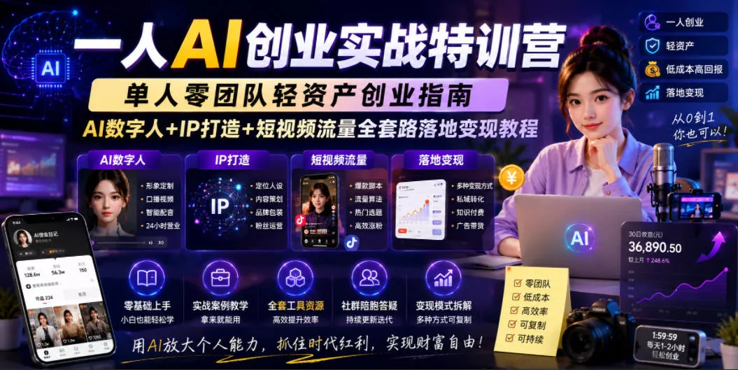 一人AI创业实战特训营，单人零团队轻资产创业指南，AI数字人+IP打造+短视频流量全套路落地变现教程-知行阁轻创网-分享网络赚钱项目-全网首发副业项目实操平台-副业创业项目网