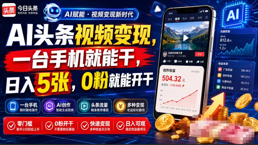 AI头条视频变现，一台手机就能干，日入5张，0粉就能开干-知行阁轻创网-分享网络赚钱项目-全网首发副业项目实操平台-副业创业项目网