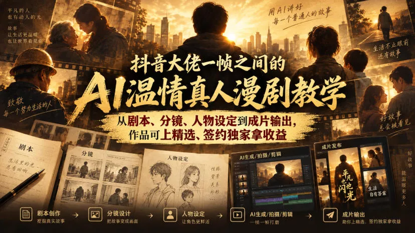 抖音大佬一帧之间的AI温情真人漫剧教学，从剧本、分镜、人物设定到成片输出，作品可上精选、签约独家拿收益-知行阁轻创网-分享网络赚钱项目-全网首发副业项目实操平台-副业创业项目网