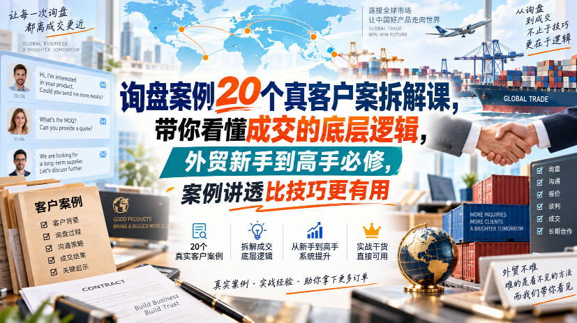 询盘案例20个真客户案拆解课，带你看懂成交的底层逻辑，外贸新手到高手必修，案例讲透比技巧更有用-知行阁轻创网-分享网络赚钱项目-全网首发副业项目实操平台-副业创业项目网