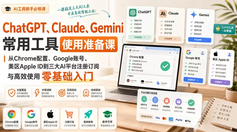 ChatGPT、Claude、Gemini常用工具使用准备课｜从Chrome配置、Google账号、美区Apple ID到三大AI平台注册订阅与高效使用零基础入门-知行阁轻创网-分享网络赚钱项目-全网首发副业项目实操平台-副业创业项目网