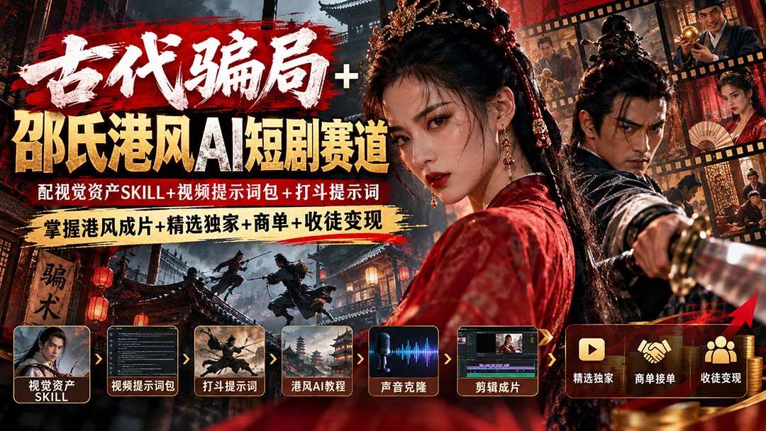 （20684期）古代骗局+邵氏港风AI短剧赛道：配视觉资产SKILL+视频提示词包+打斗提示词，掌握港风成片+精选独家+商单+收徒变现-知行阁轻创网-分享网络赚钱项目-全网首发副业项目实操平台-副业创业项目网