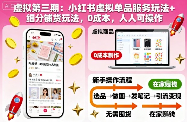 虚拟第三期：小红书虚拟单品服务玩法+细分铺货玩法，0成本，人人可操作(更新)-知行阁轻创网-分享网络赚钱项目-全网首发副业项目实操平台-副业创业项目网