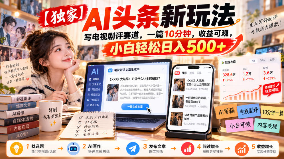【独家】AI头条新玩法，写电视剧评赛道，一篇10分钟，收益可观，小白轻松日入500+-知行阁轻创网-分享网络赚钱项目-全网首发副业项目实操平台-副业创业项目网