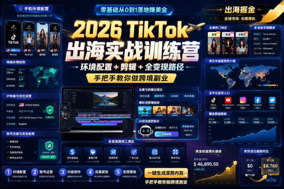 2026 TikTok出海实战训练营,环境配置 + 剪辑 + 全变现路径,手把手教你做跨境副业-知行阁轻创网-分享网络赚钱项目-全网首发副业项目实操平台-副业创业项目网
