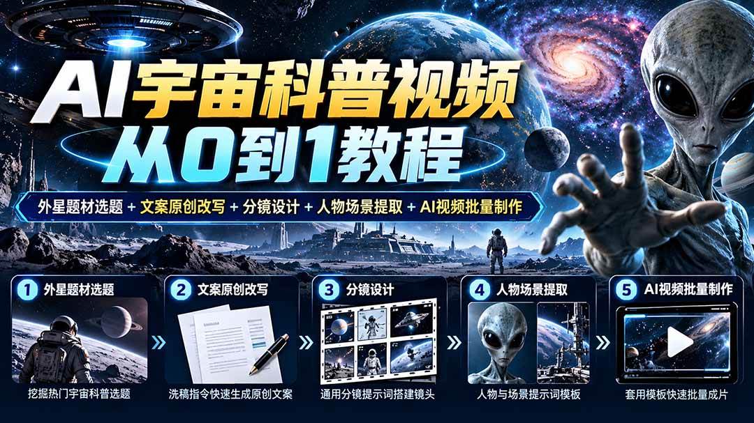 （20774期）AI宇宙科普视频从0到1教程｜外星题材选题+文案原创改写+分镜设计+人物场景提取+AI视频批量制作-知行阁轻创网-分享网络赚钱项目-全网首发副业项目实操平台-副业创业项目网