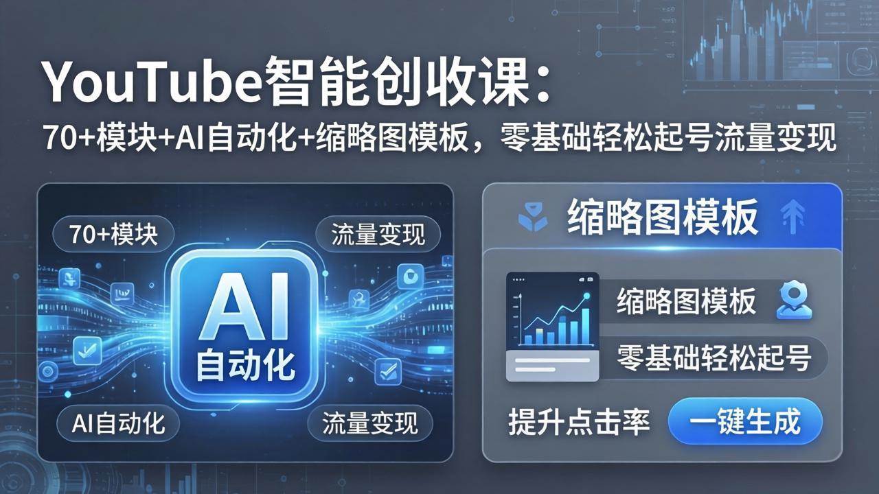 （17926期）YouTube智能创收课：70+模块+AI自动化+缩略图模板，零基础轻松起号流量变现-知行阁轻创网-分享网络赚钱项目-全网首发副业项目实操平台-副业创业项目网