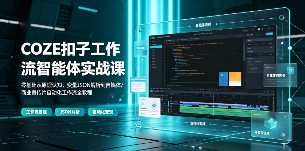 COZE扣子工作流智能体实战课｜零基础从原理认知、变量JSON解析到自媒体/商业宣传片自动化工作流全教程-知行阁轻创网-分享网络赚钱项目-全网首发副业项目实操平台-副业创业项目网