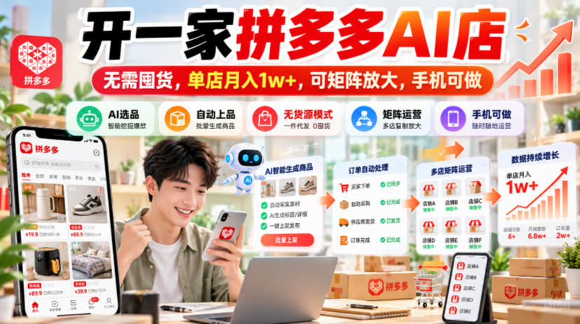 开一家拼多多AI店，无需囤货，单店月入1w+，可矩阵放大，手机可做【揭秘】-知行阁轻创网-分享网络赚钱项目-全网首发副业项目实操平台-副业创业项目网