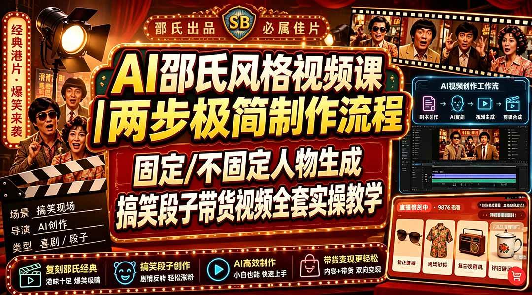 （19602期）AI邵氏风格视频课｜两步极简制作流程，固定/不固定人物生成，搞笑段子带货视频全套实操教学-知行阁轻创网-分享网络赚钱项目-全网首发副业项目实操平台-副业创业项目网