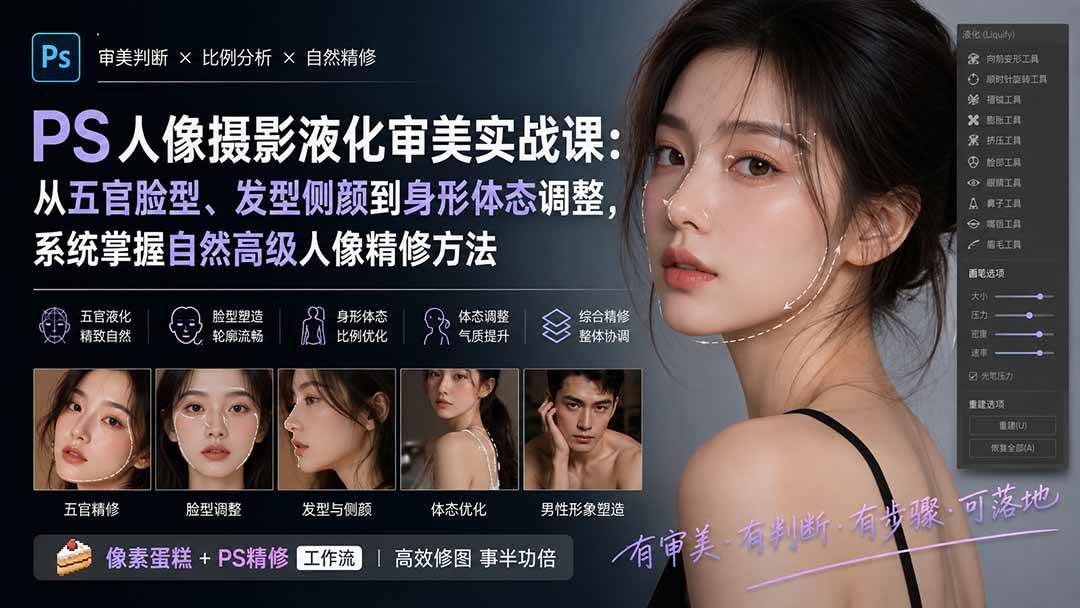 （20062期）PS人像摄影液化审美实战课：从五官脸型、发型侧颜到身形体态调整，系统掌握自然高级人像精修方法-知行阁轻创网-分享网络赚钱项目-全网首发副业项目实操平台-副业创业项目网